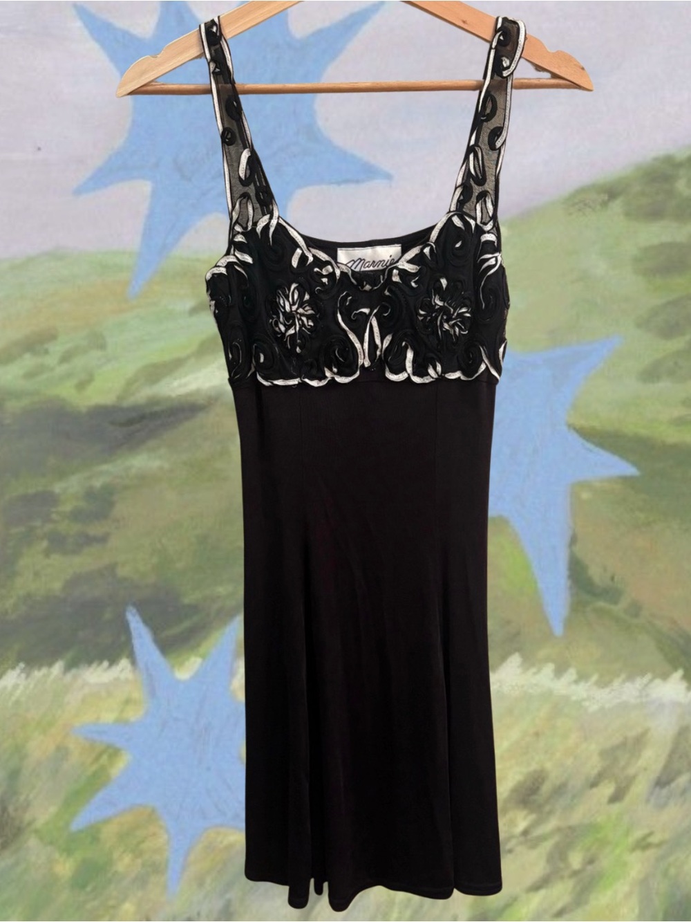 Vintage 90s Marnie West Black Soutache Floral Ribbon Cocktail Dress 8